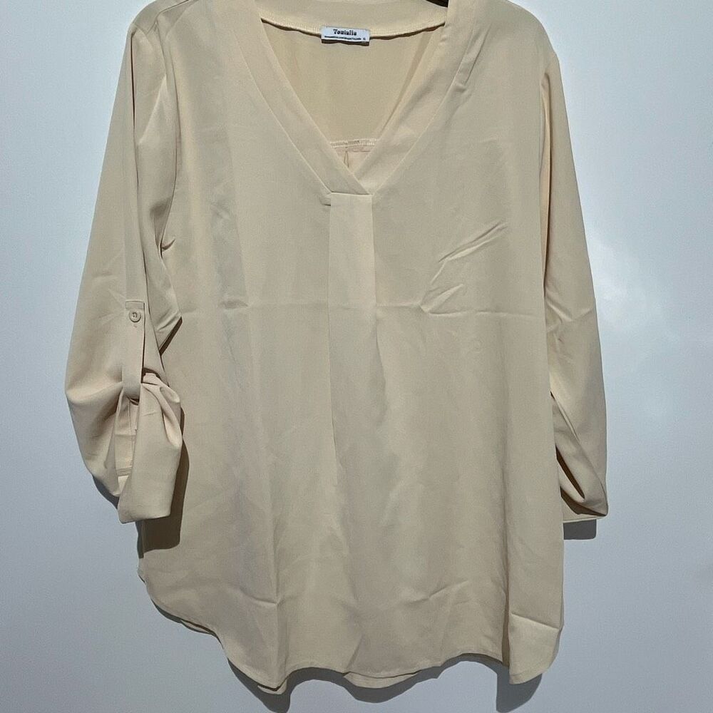 Youtalia Women's Cream V-Neck Roll‎ Up 3/4 Sleeve Pleated Blouse Size XL